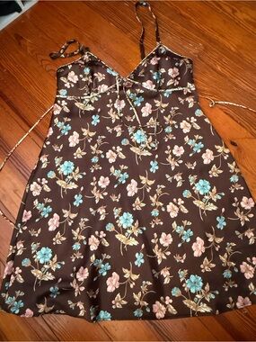 Adonna Brown Floral Slip Dress with Blue & Pink Blooms